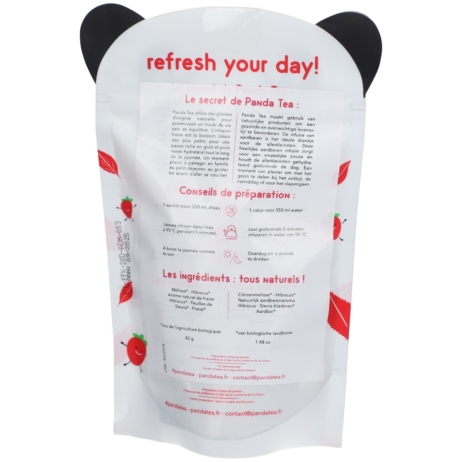 Dos du sachet Panda Tea Fraise. Texte en français et néerlandais. Instructions, liste d'ingrédients, label bio.