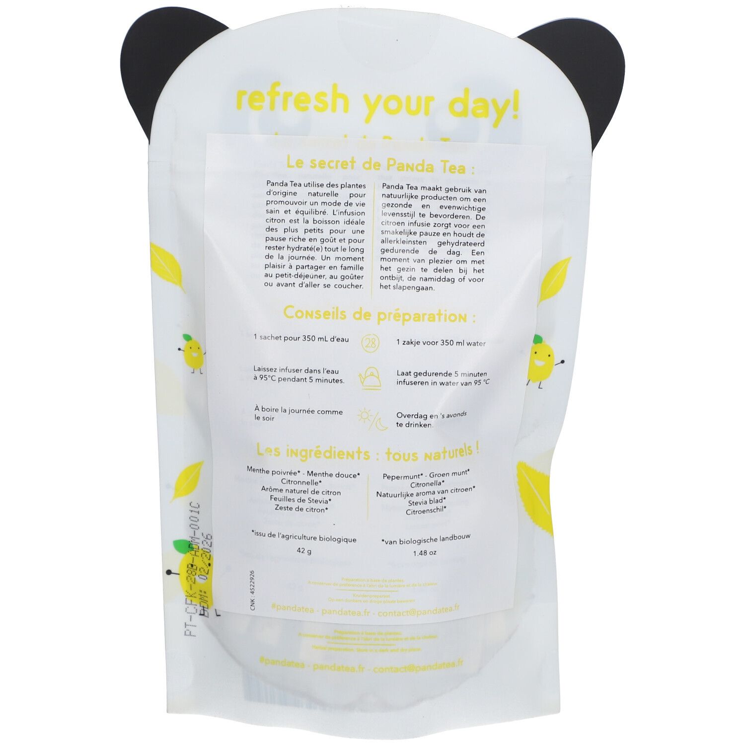 Achterkant Panda Tea Citron verpakking. Tekst: Le secret de Panda Tea. Ingrediëntenlijst. Bereidingswijze. Bio-label.