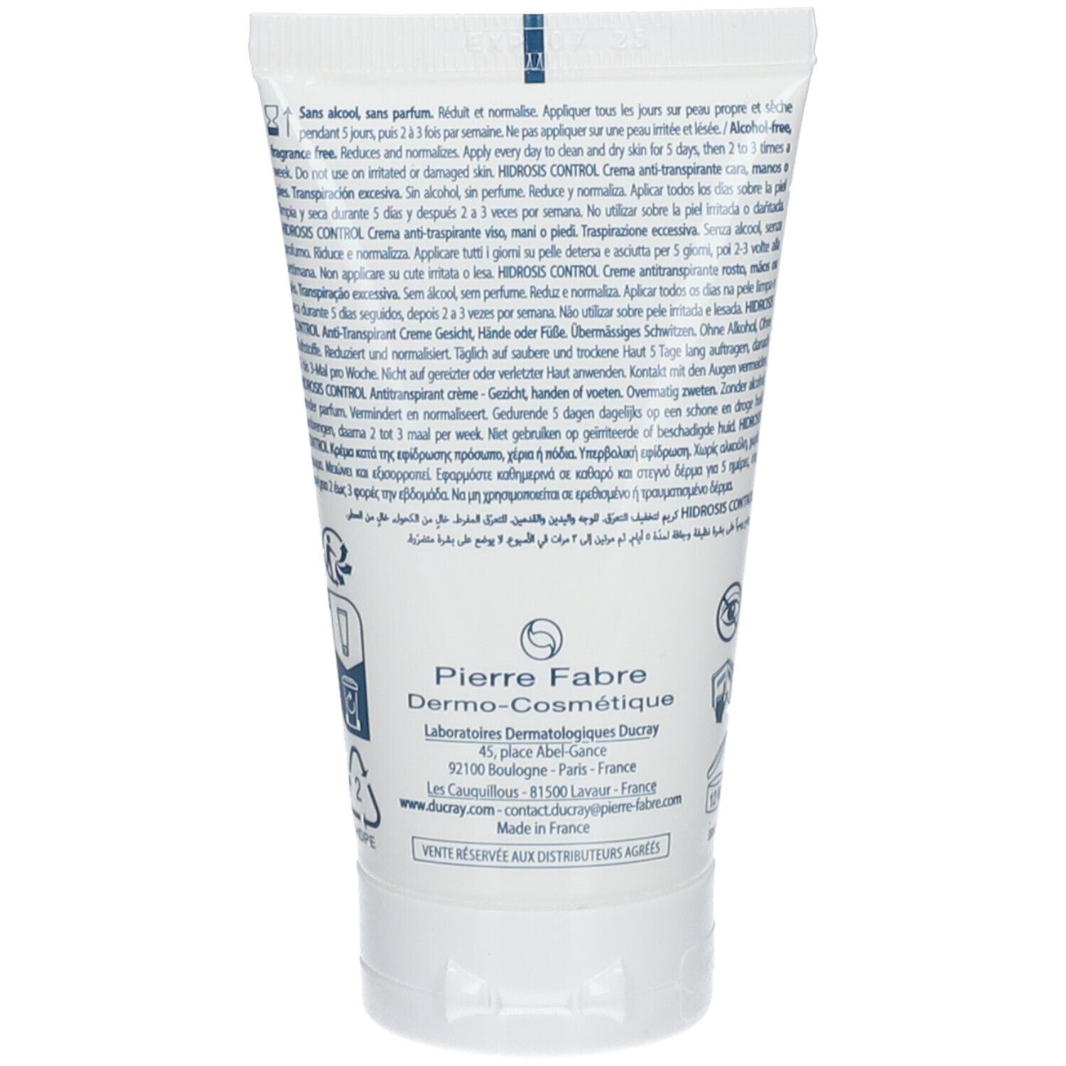 Dos du tube de crème avec texte. Informations fabricant et logos.