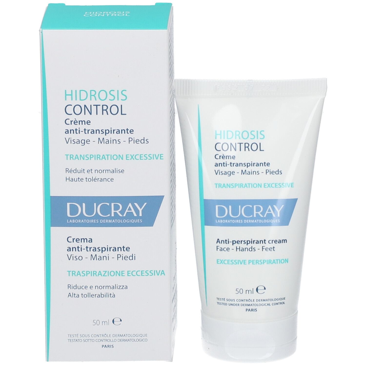 Emballage et tube du produit. Crème pour visage, mains et pieds. 50 ml.