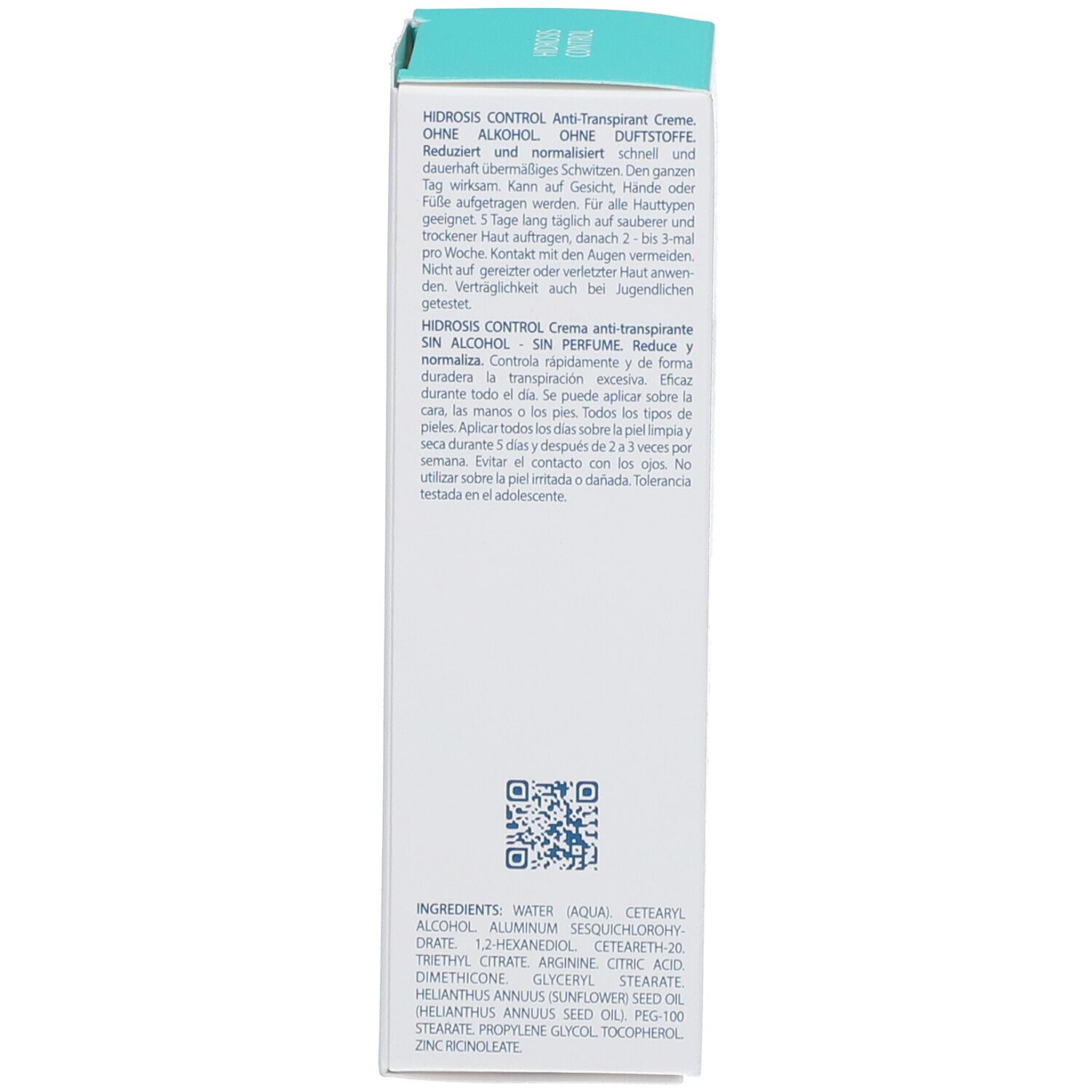 Dos de l'emballage avec texte. Ingrédients et code QR.