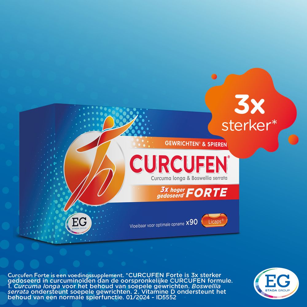 Blauwe doos CURCUFEN FORTE. Tekst: Gewrichten & Spieren. 90 capsules.