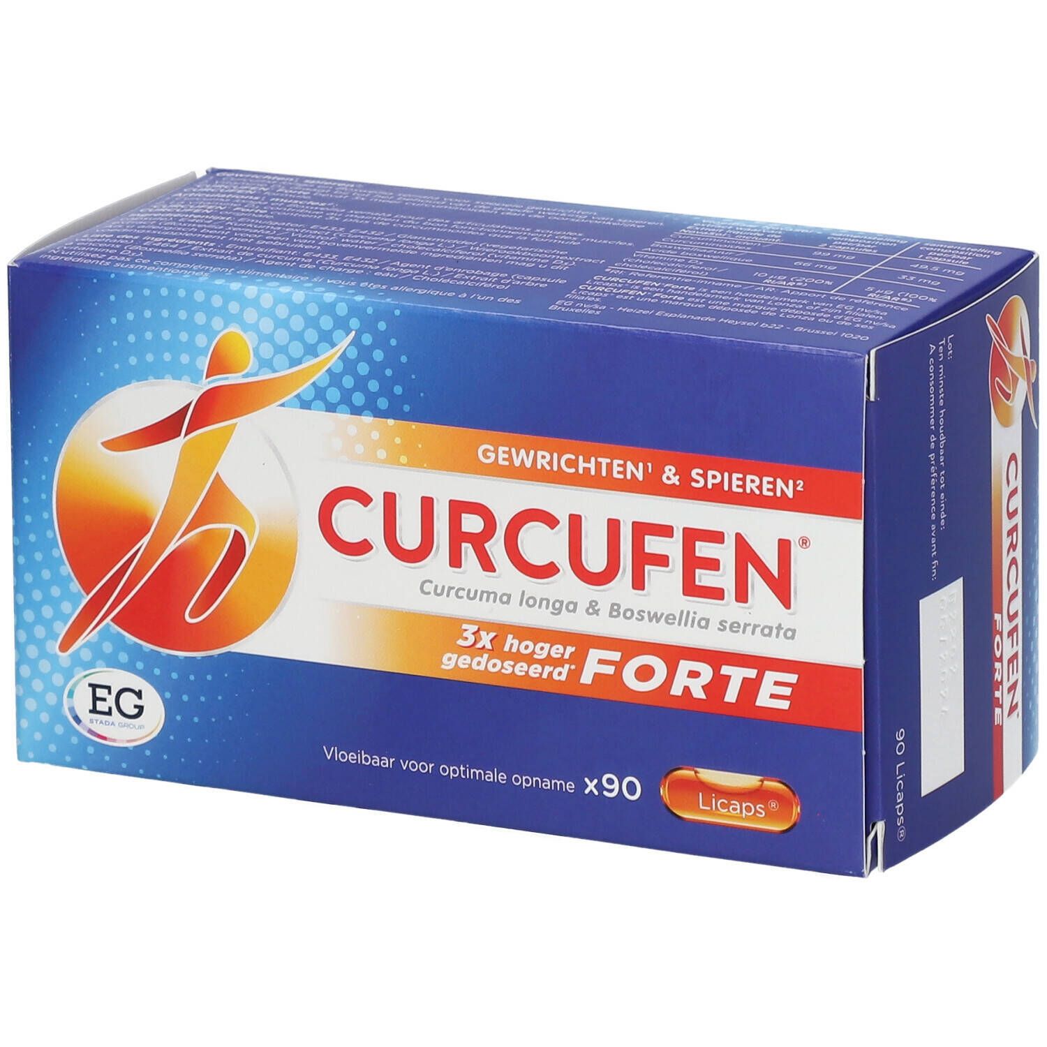 Blauwe doos CURCUFEN FORTE. Tekst: Gewrichten & Spieren. 90 capsules.