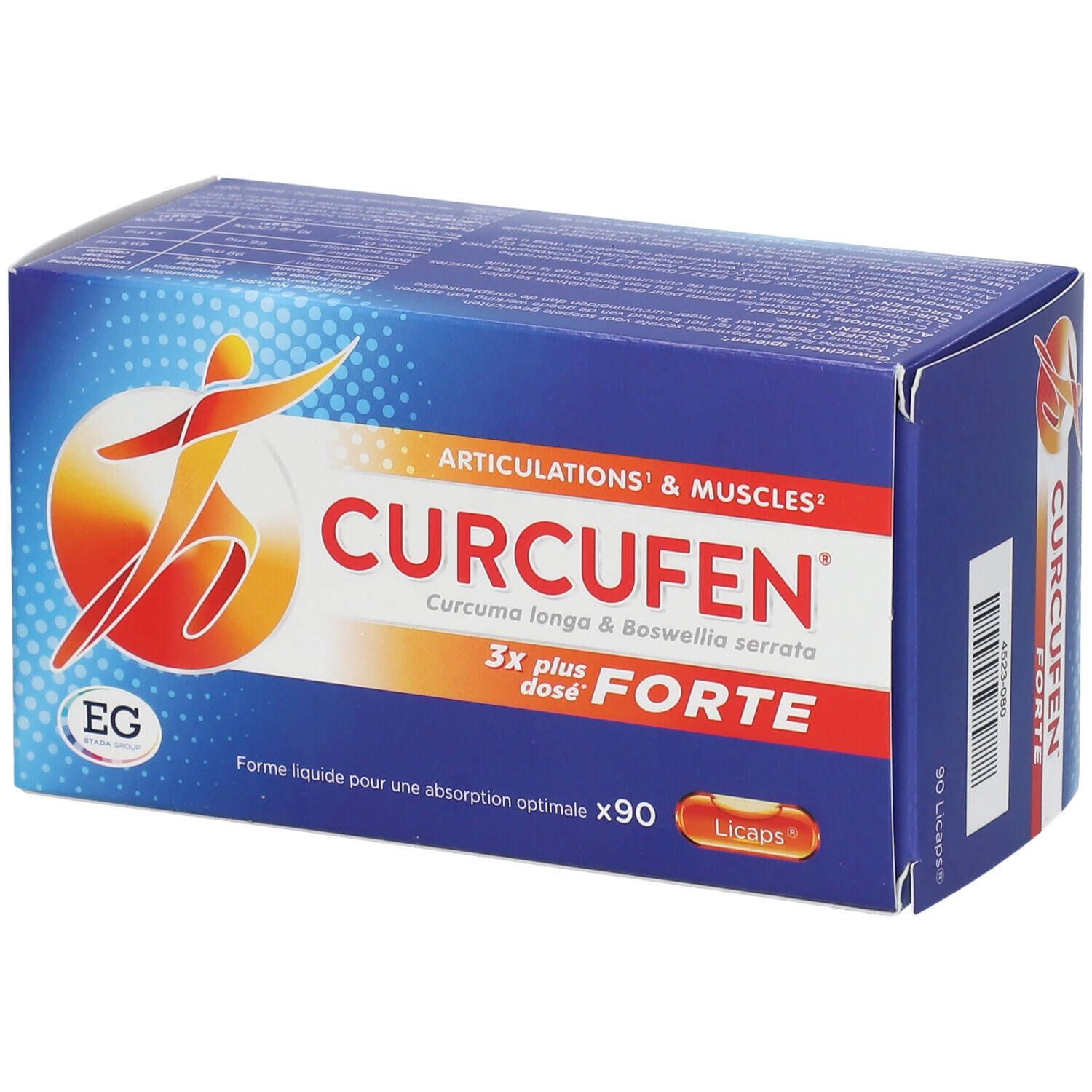 Blauwe doos CURCUFEN FORTE. Tekst: Articulaties & Muscles. 90 capsules.