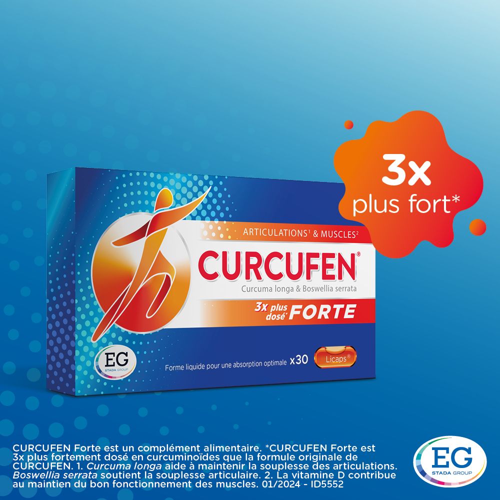 Boîte Curcufen Forte. Inscription : Articulations & Muscles. 3x plus dosé. 30 Licaps.