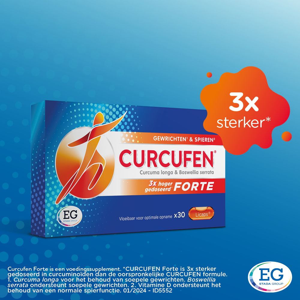 Doos Curcufen Forte. Opschrift: Gewrichten & Spieren. 3x hoger gedoseerd. 30 Licaps.