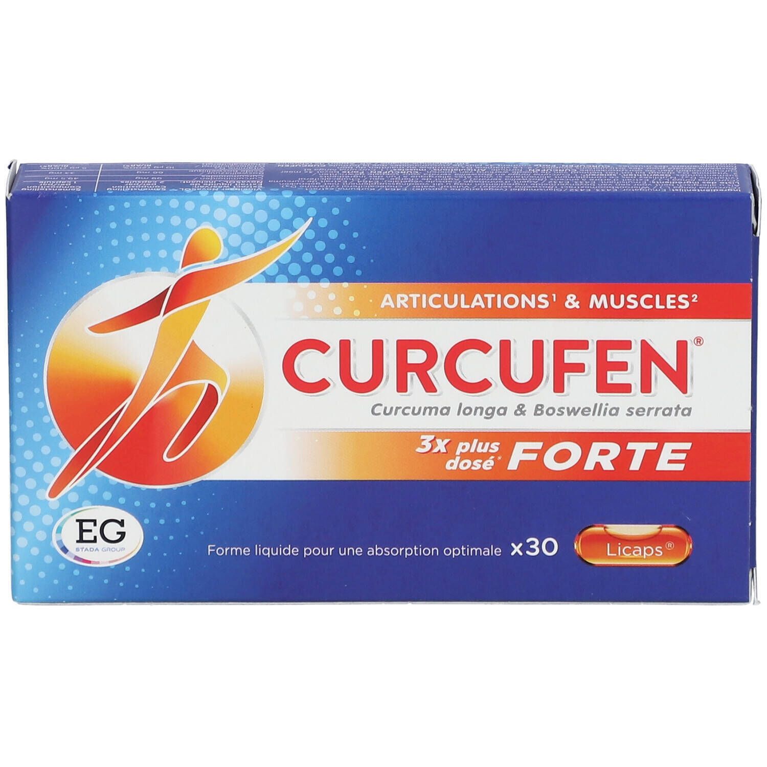 Boîte bleue Curcufen Forte. Inscription : Articulations & Muscles. 3x plus dosé. 30 Licaps.