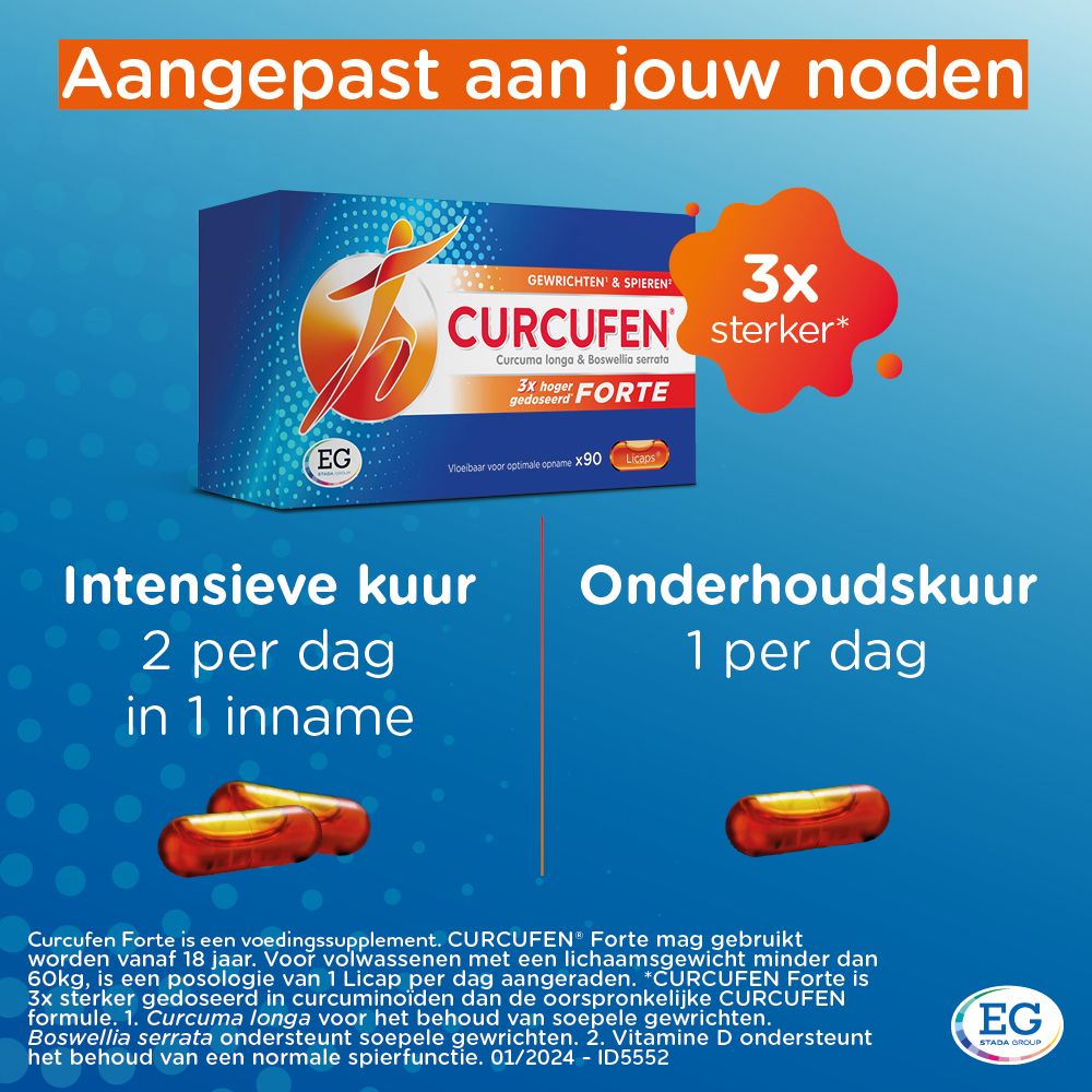 Doos Curcufen Forte. Opschrift: Gewrichten & Spieren. 3x hoger gedoseerd. 30 Licaps.