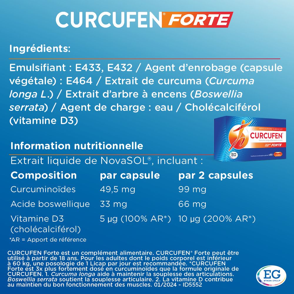 Boîte Curcufen Forte. Inscription : Articulations & Muscles. 3x plus dosé. 30 Licaps.