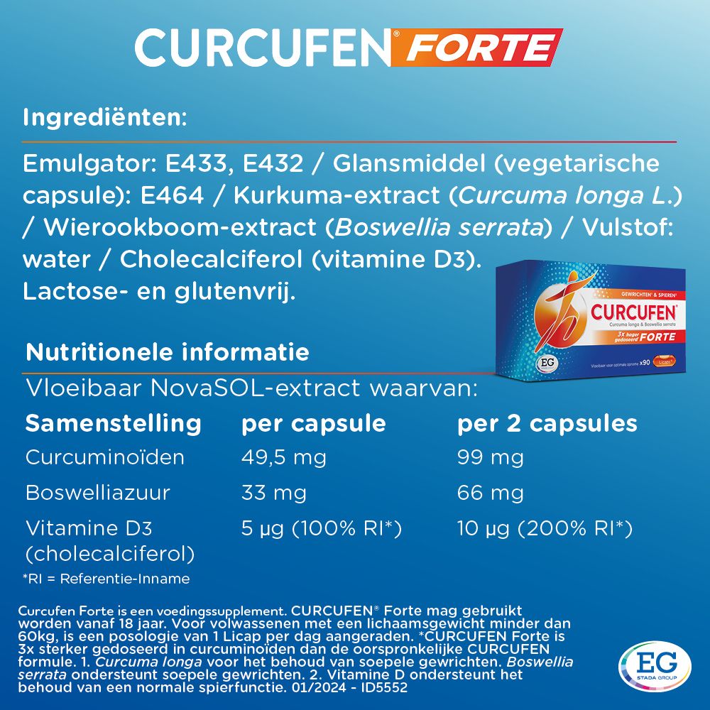Doos Curcufen Forte. Opschrift: Gewrichten & Spieren. 3x hoger gedoseerd. 30 Licaps.