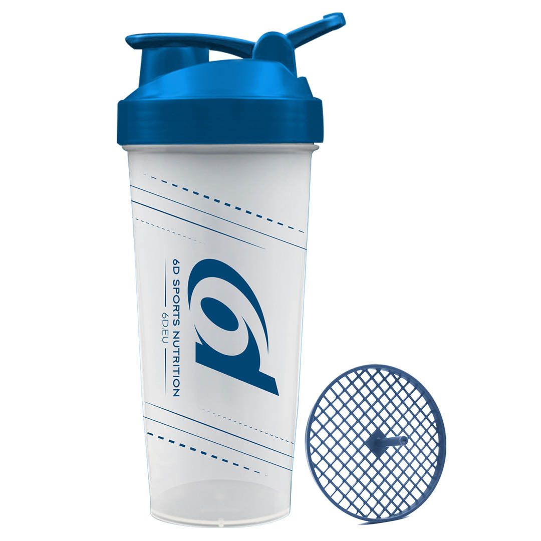 Shaker bleu et blanc. Inscription 6D SPORTS NUTRITION. Tamis bleu séparé.