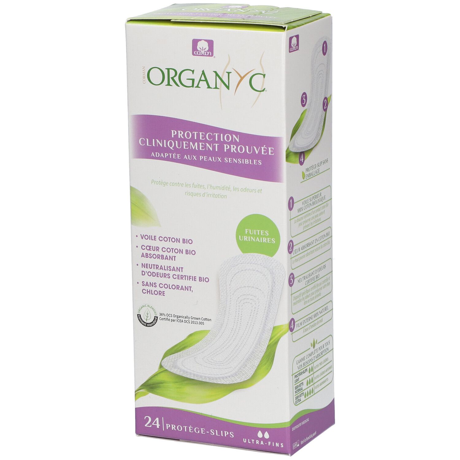 Organyc®-verpakking met 24 Ultra-Fins Protège-Slips. Klinisch geteste bescherming voor gevoelige huid. Biologisch katoen.