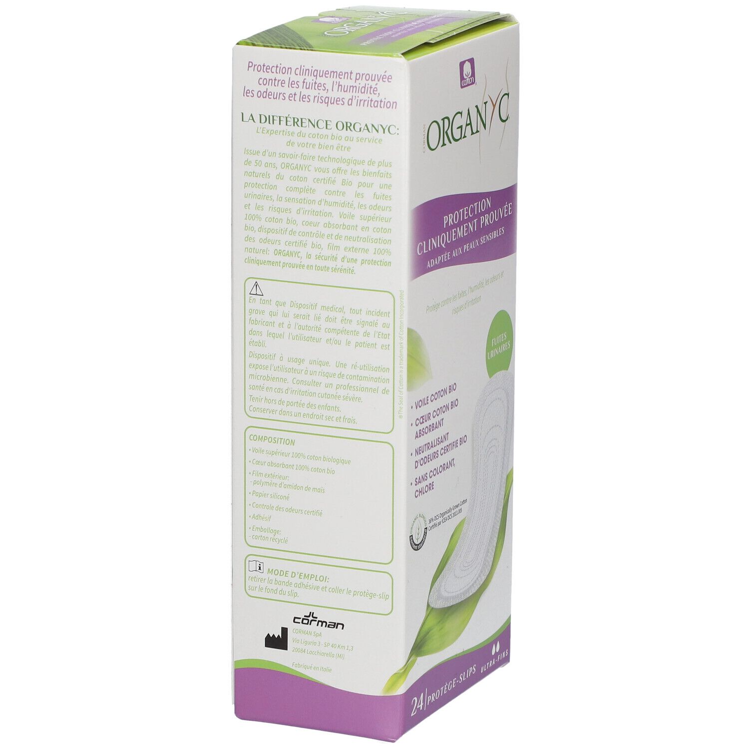 Achterkant van de Organyc®-verpakking. Informatie over klinisch geteste bescherming en ingrediënten. 24 Ultra-Fins.