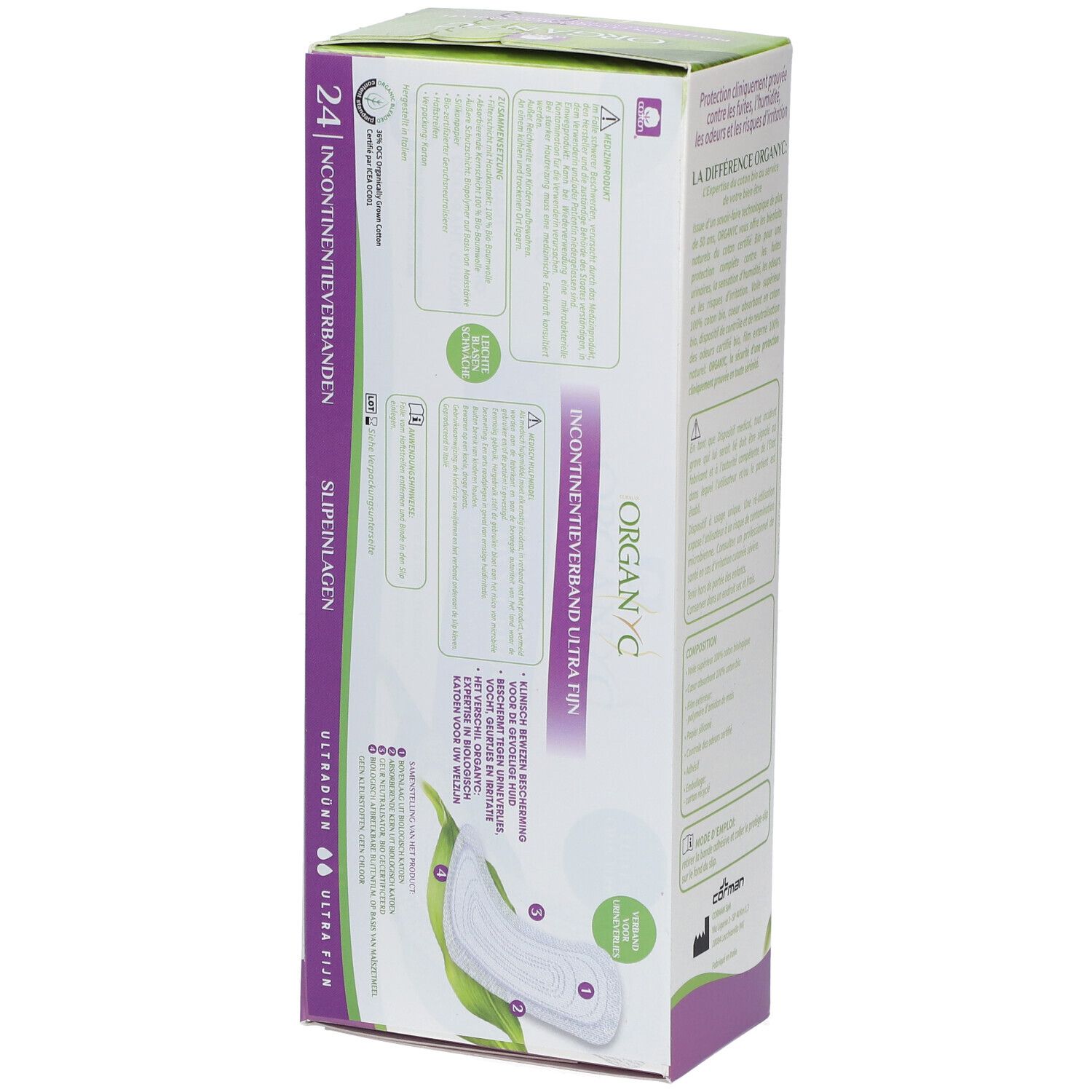 Zijaanzicht van de Organyc®-verpakking. Informatie over klinisch geteste bescherming en ingrediënten. 24 Ultra-Fins.
