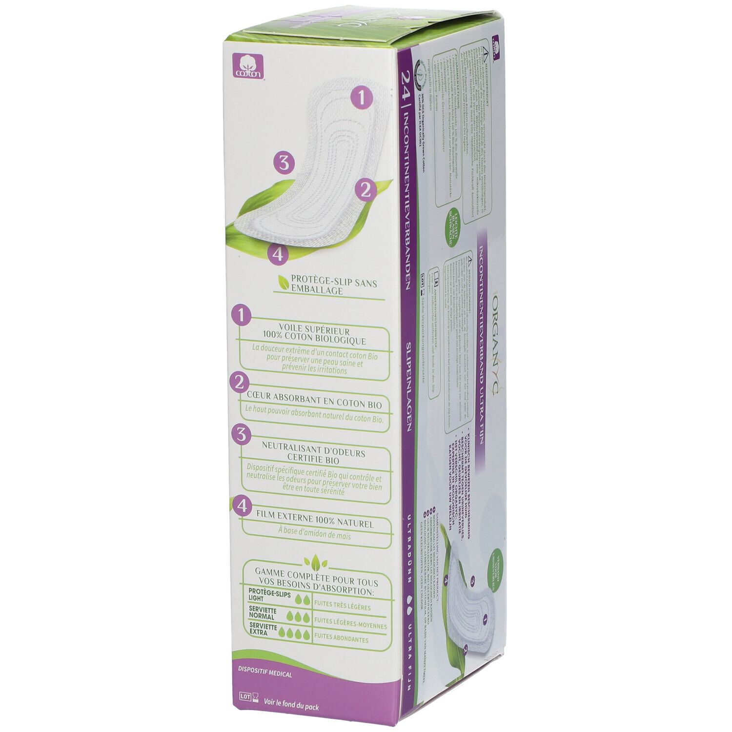 Zijaanzicht van de Organyc®-verpakking met productillustratie. 24 Protège-Slips Ultra-Fins. Biologisch katoen.