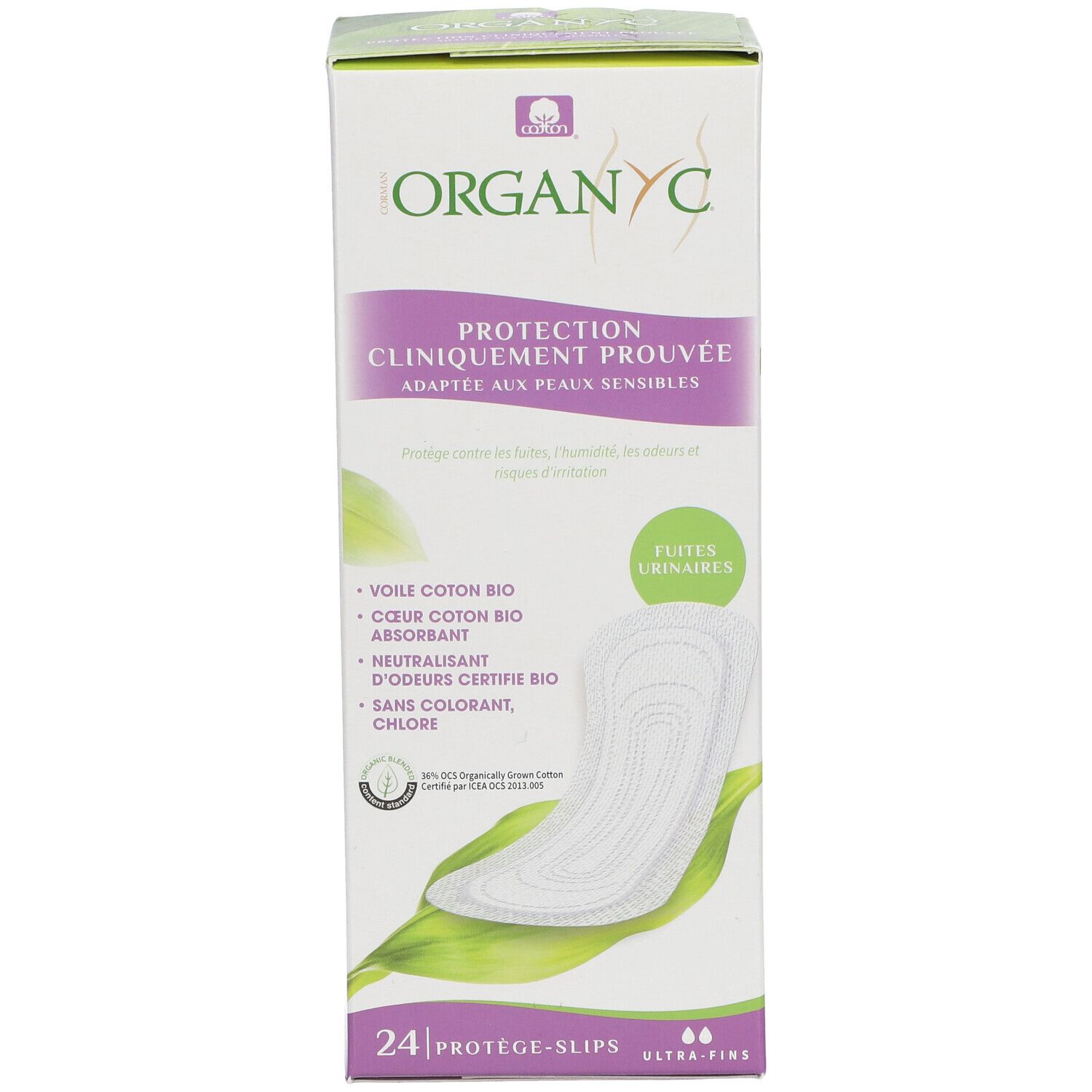 Organyc®-verpakking met 24 Ultra-Fins Protège-Slips. Klinisch geteste bescherming voor gevoelige huid. Biologisch katoen.
