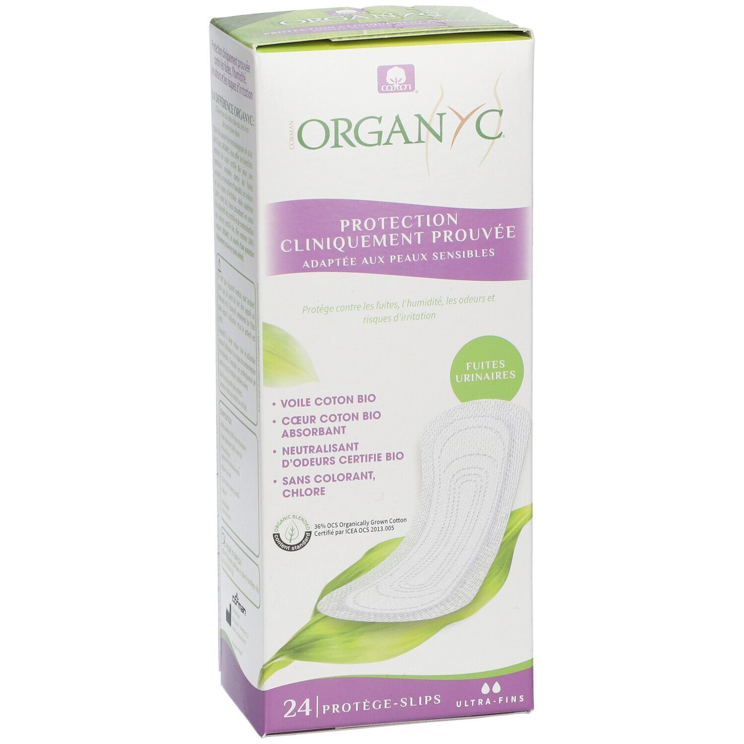 Organyc®-verpakking met 24 Ultra-Fins Protège-Slips. Klinisch geteste bescherming voor gevoelige huid. Biologisch katoen.