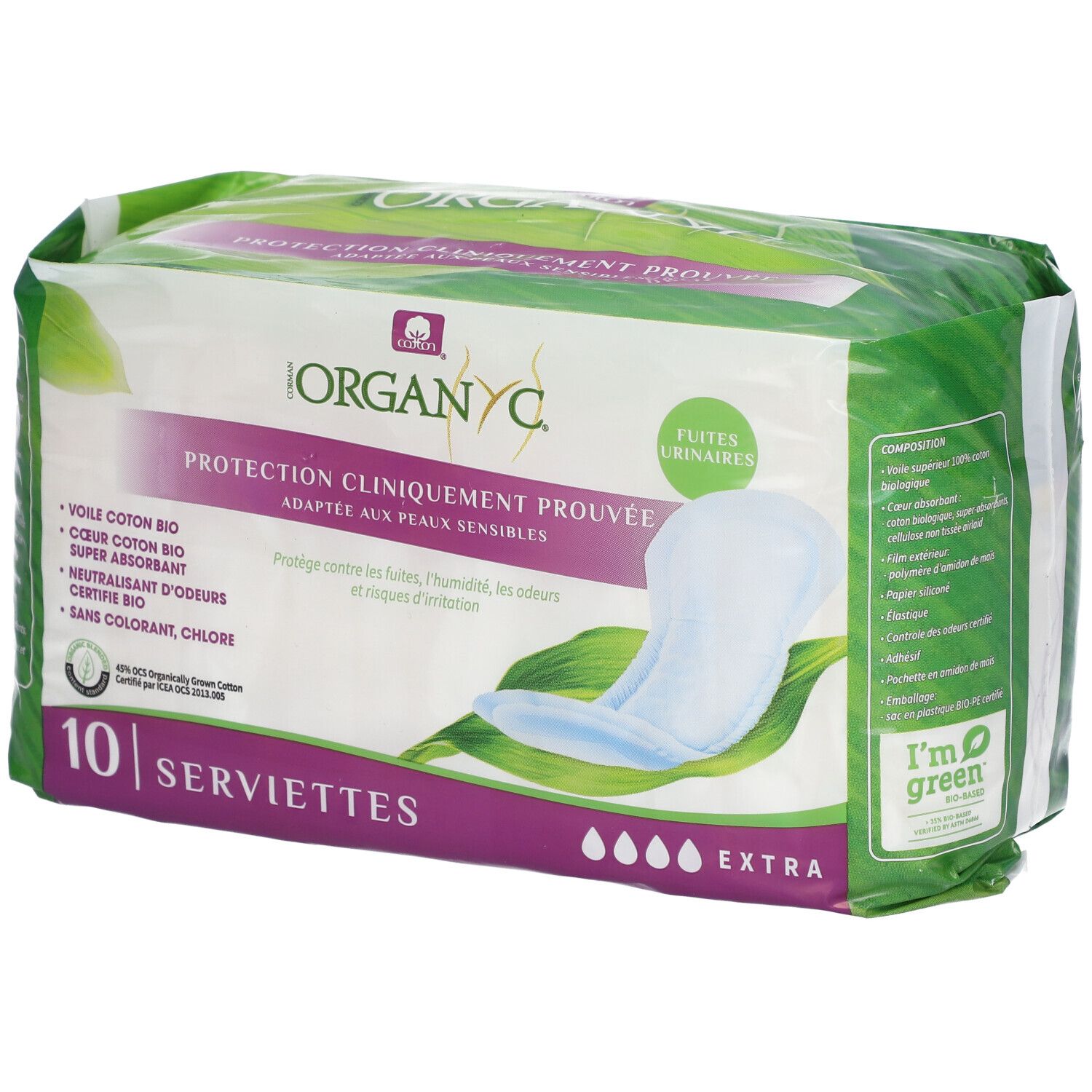 Organyc Serviettes Flux Extra. Paquet de 10. Inscription : Protection cliniquement prouvée, adaptée aux peaux sensibles.