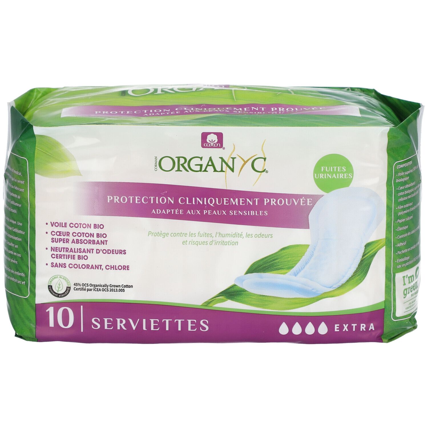 Organyc Serviettes Flux Extra. Paquet de 10. Inscription : Protection cliniquement prouvée, adaptée aux peaux sensibles.