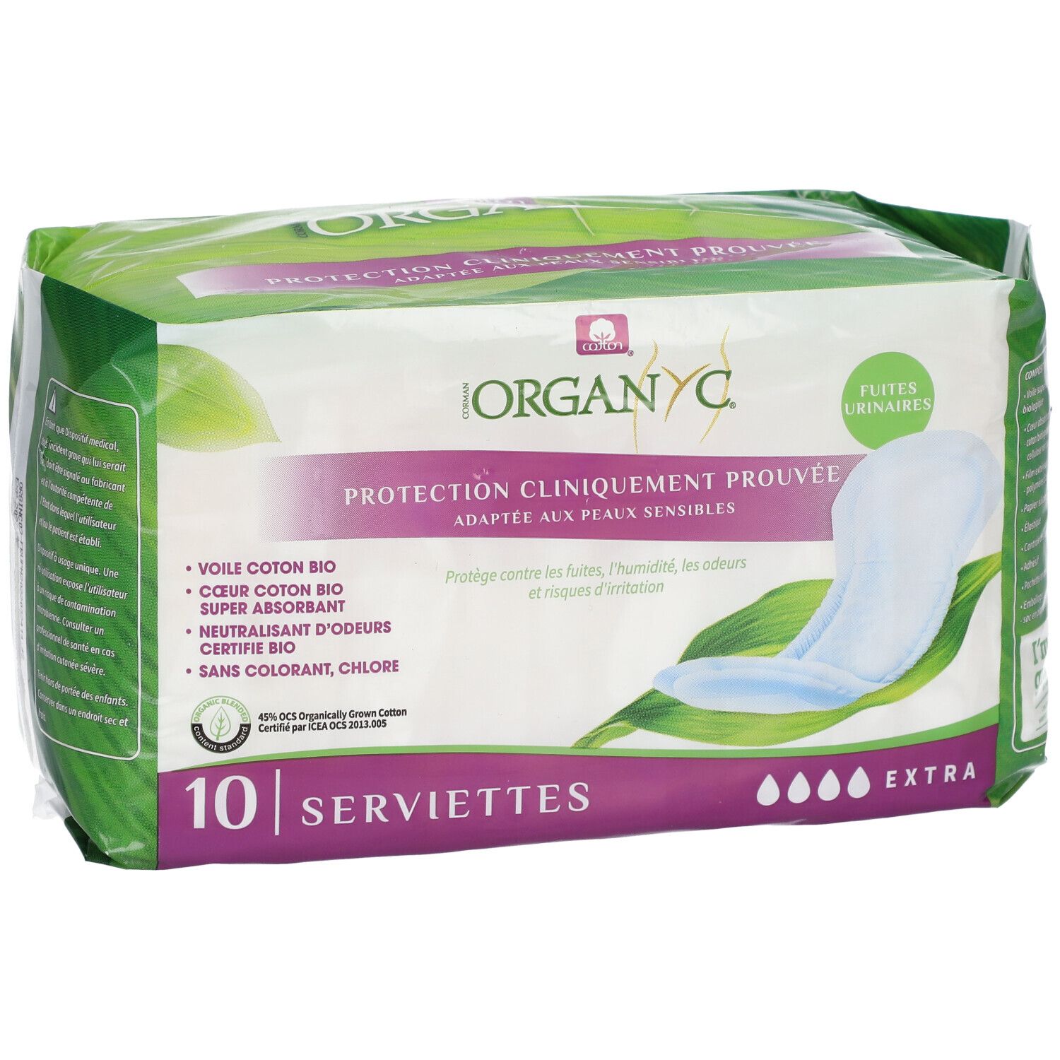 Organyc Serviettes Flux Extra. Paquet de 10. Inscription : Protection cliniquement prouvée, adaptée aux peaux sensibles.