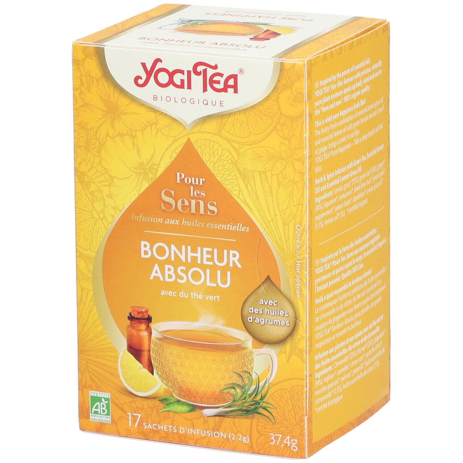Gele Yogi Tea®-doos. Opschrift: Bonheur Absolu, met groene thee. 17 zakjes, 37,4g. AB bio-label.