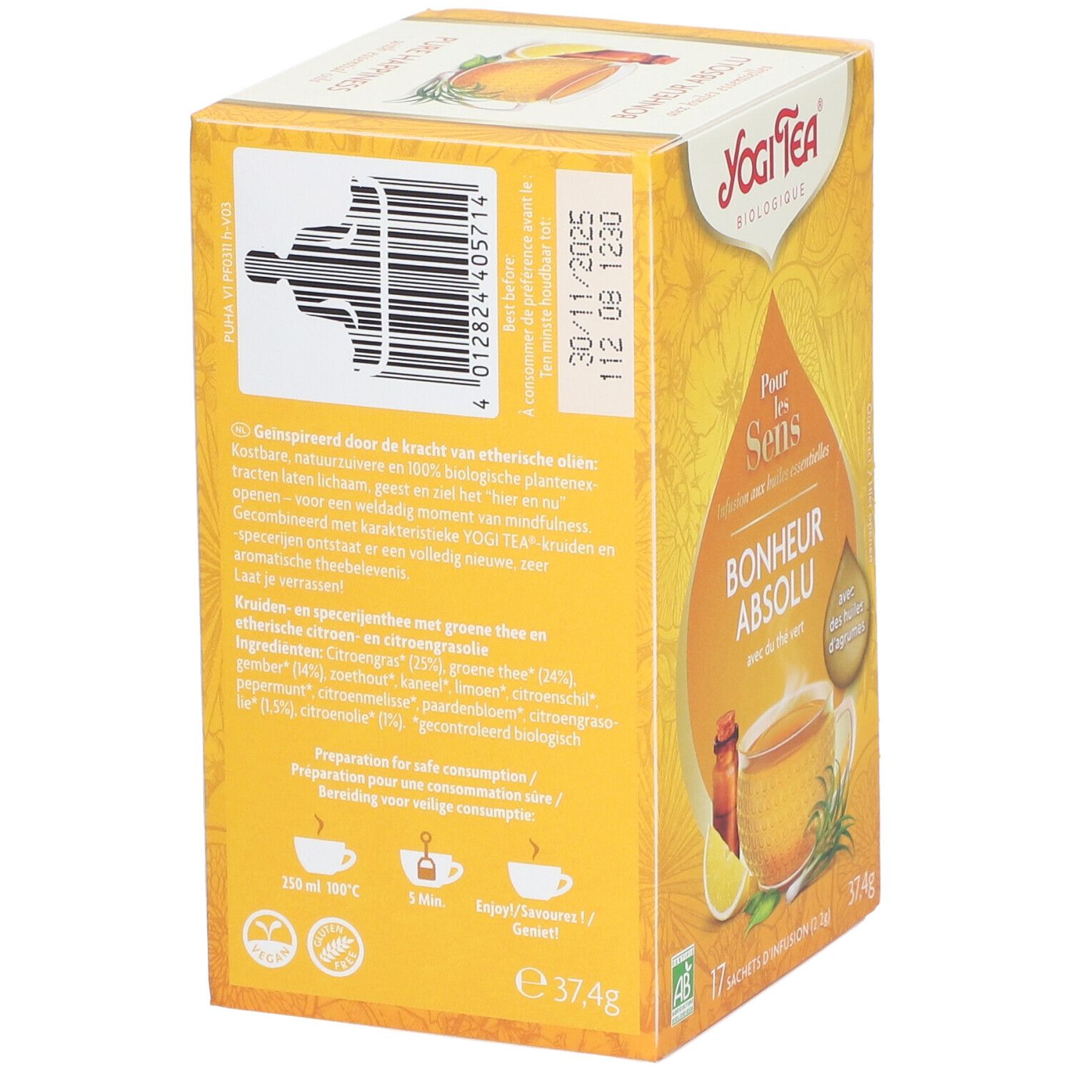 Achterkant van de Yogi Tea®-doos. Tekst in meerdere talen. Streepjescode en houdbaarheidsdatum. Gele achtergrond.