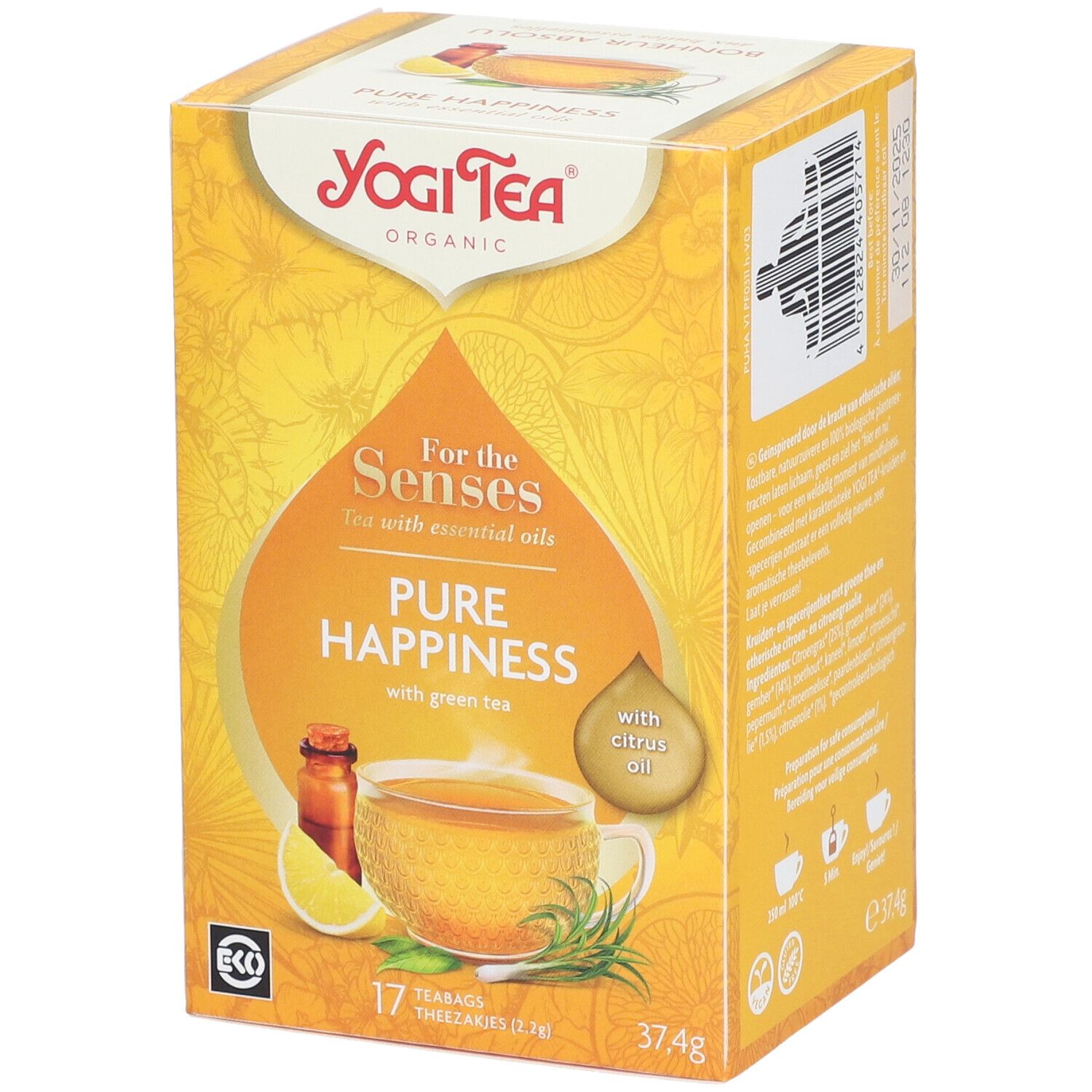 Gele Yogi Tea®-doos. Opschrift: Pure Happiness, met groene thee. 17 theezakjes, 37,4g. Eco-label.