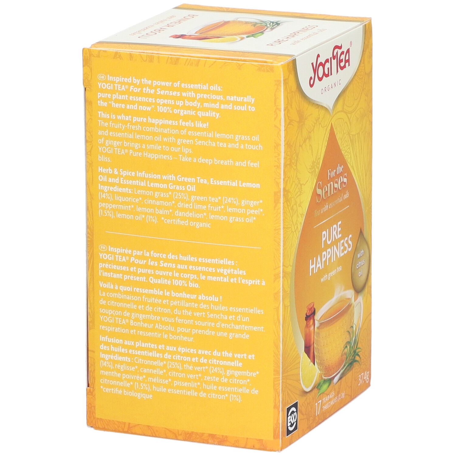 Achterkant van de Yogi Tea®-doos. Tekst in meerdere talen. Gele achtergrond. Eco-label.