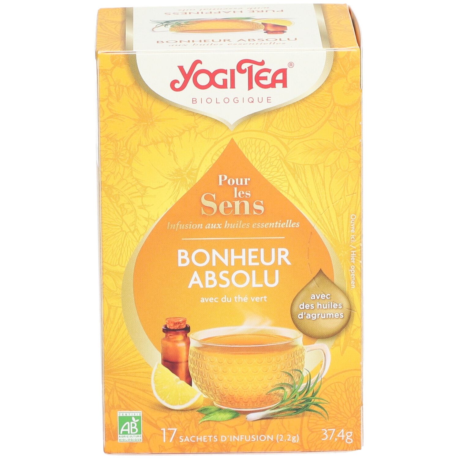 Gele Yogi Tea®-doos. Opschrift: Bonheur Absolu, met groene thee. 17 zakjes, 37,4g. AB bio-label.