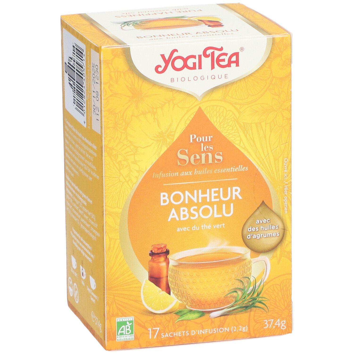 Gele Yogi Tea®-doos. Opschrift: Bonheur Absolu, met groene thee. 17 zakjes, 37,4g. AB bio-label.