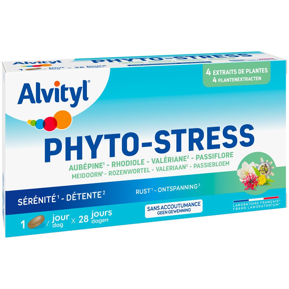 Boîte Alvityl Phyto-Stress. Bleu et blanc, nom du produit et ingrédients. 28 comprimés.