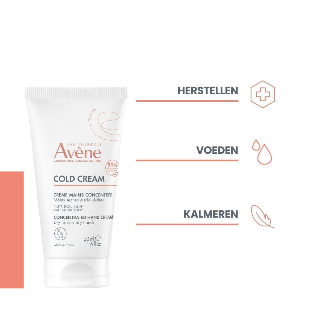 Avène Cold Cream Crème Mains tube met tekst: Herstellen, Voeden, Kalmeren.