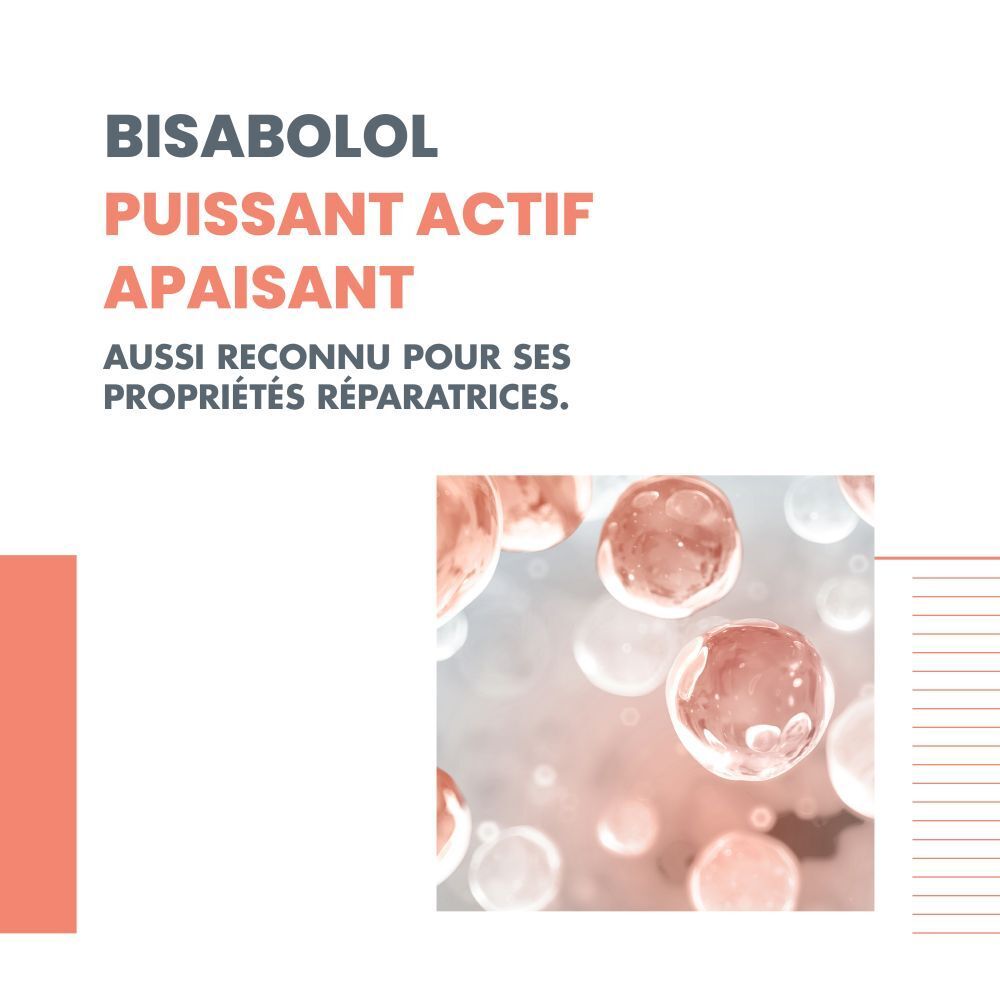 Graphique avec texte: Bisabolol, Puissant Actif, Apaisant. Aussi reconnu pour ses propriétés réparatrices.