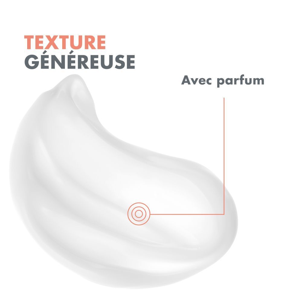 Gros plan d'une crème avec texte: Texture Généreuse, Avec parfum.