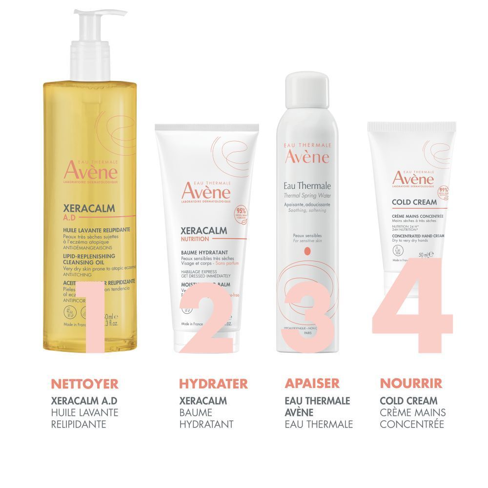 Quatre produits Avène: XeraCalm A.D, XeraCalm Nutrition, Eau Thermale, Cold Cream Crème Mains.