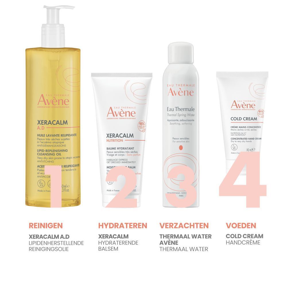 Vier Avène producten: XeraCalm A.D, XeraCalm Nutrition, Thermaal Water, Cold Cream Handcrème.