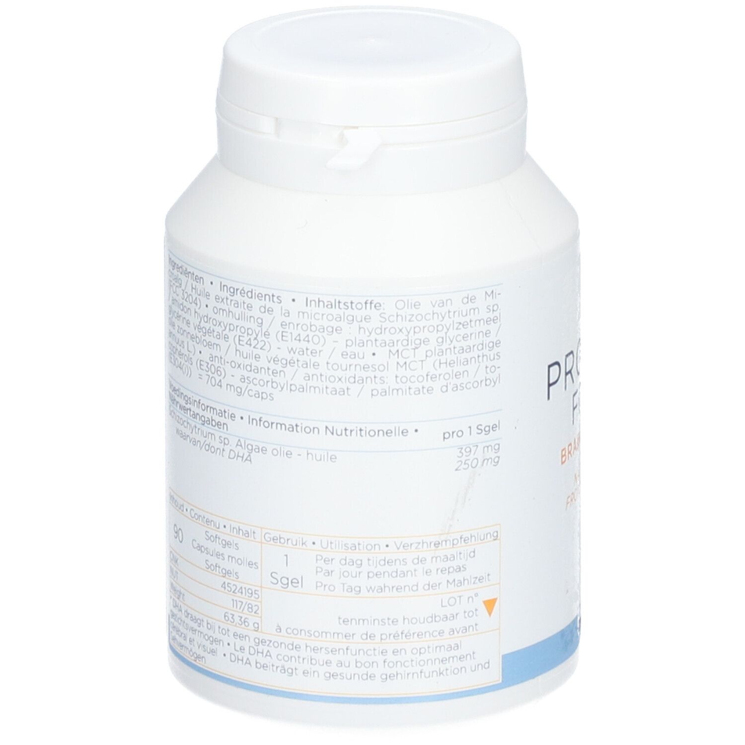 Witte fles met deksel. Achterkant met tekst en voedingswaarde. Merk: Decola Nutraceutics.
