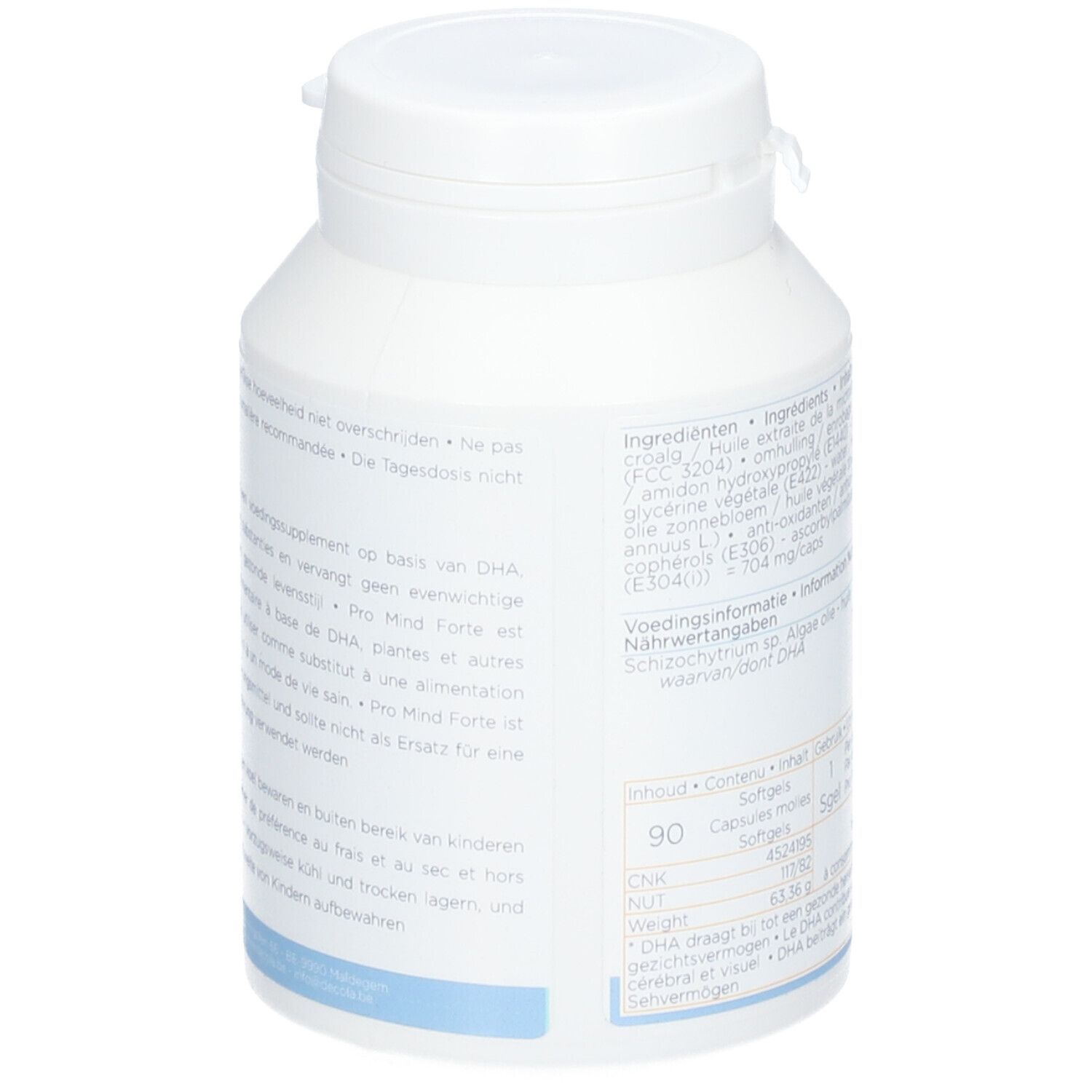 Witte fles met deksel. Achterkant met tekst. 90 capsules. Merk: Decola Nutraceutics.