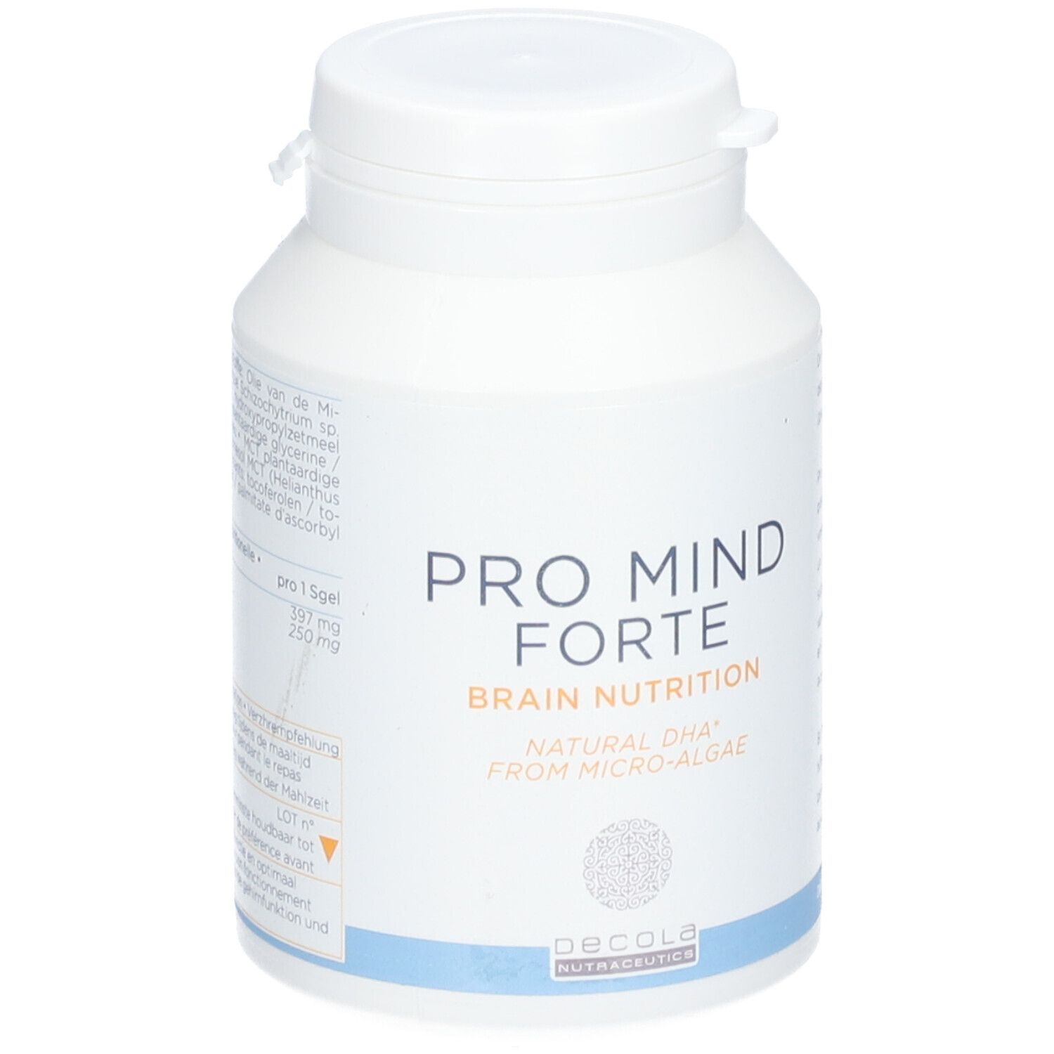 Witte fles met deksel. Opschrift: PRO MIND FORTE, BRAIN NUTRITION. Merk: Decola Nutraceutics.
