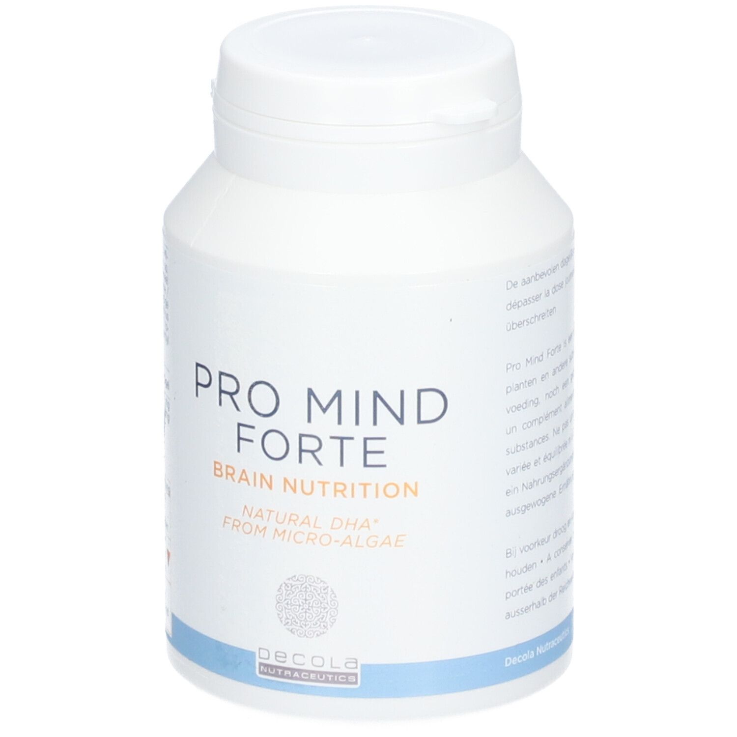 Witte fles met deksel. Opschrift: PRO MIND FORTE, BRAIN NUTRITION. Merk: Decola Nutraceutics.