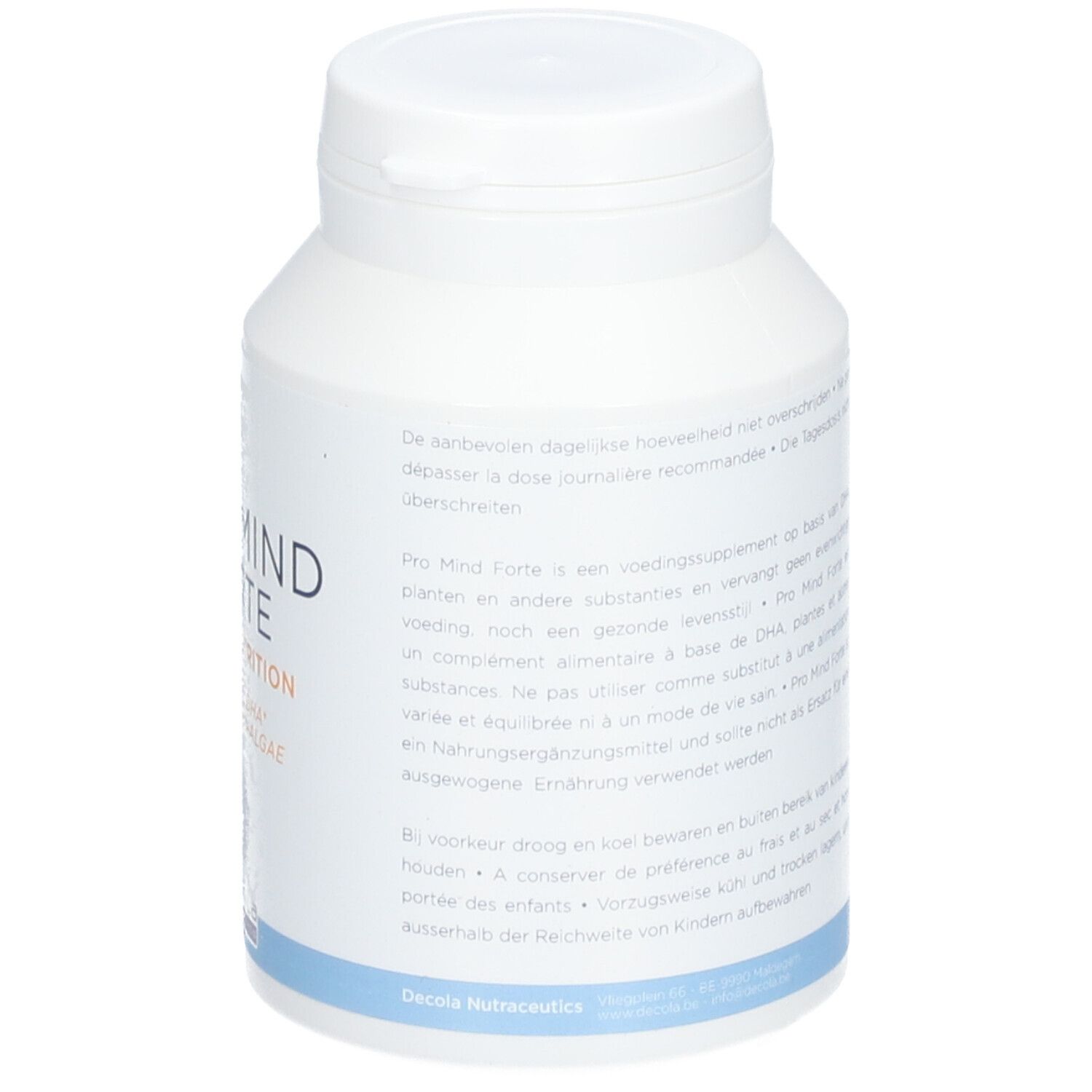 Witte fles met deksel. Achterkant met tekst. Merk: Decola Nutraceutics.