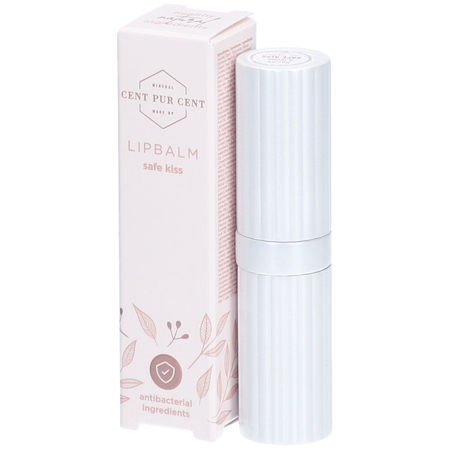 Baume à lèvres et emballage. Baume à lèvres blanc, emballage rose avec logo et texte: LIPBALM safe kiss. Ingrédients antibactériens.
