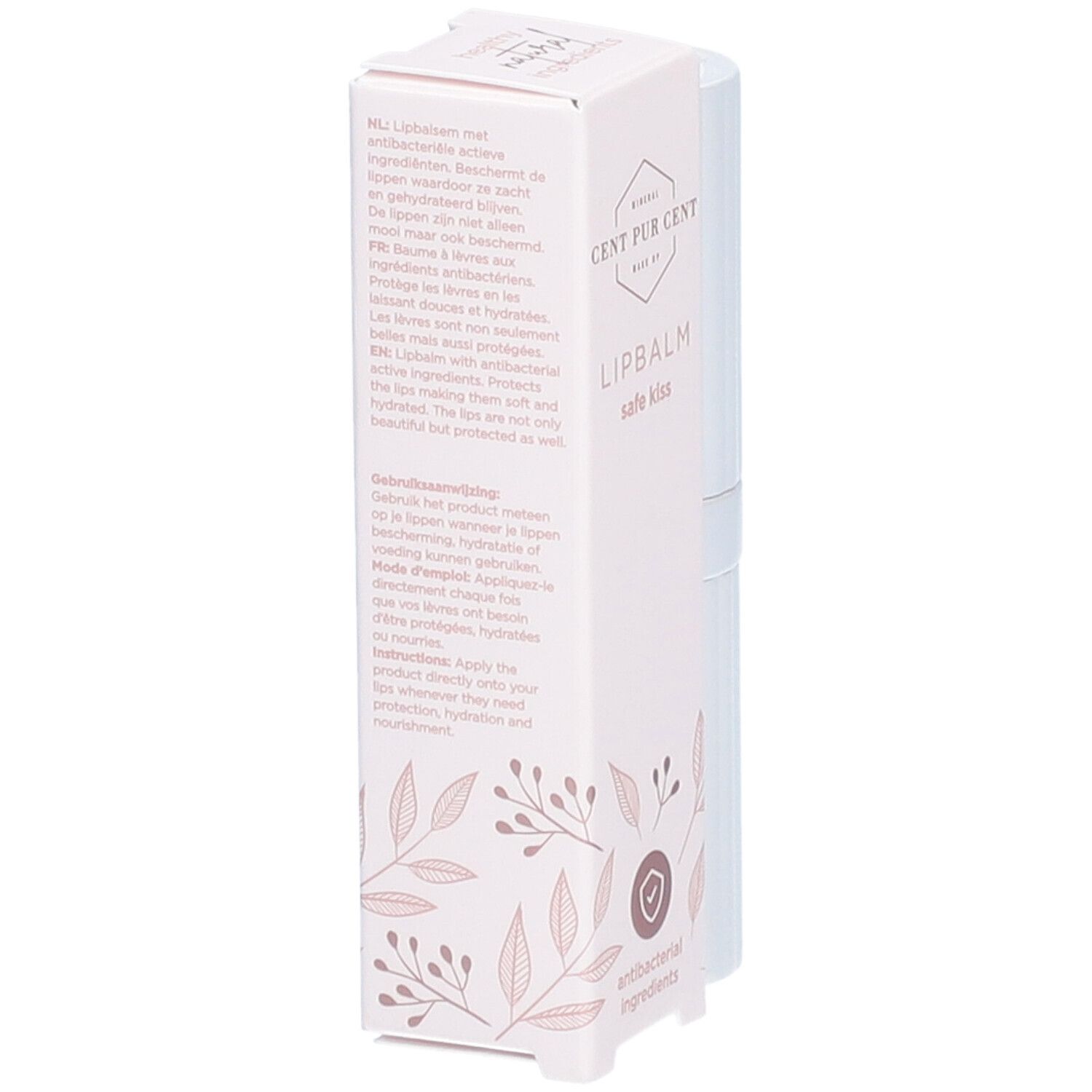 Emballage avec texte multilingue. Logo: CENT PUR CENT. Texte: LIPBALM safe kiss. Ingrédients antibactériens. Design floral.