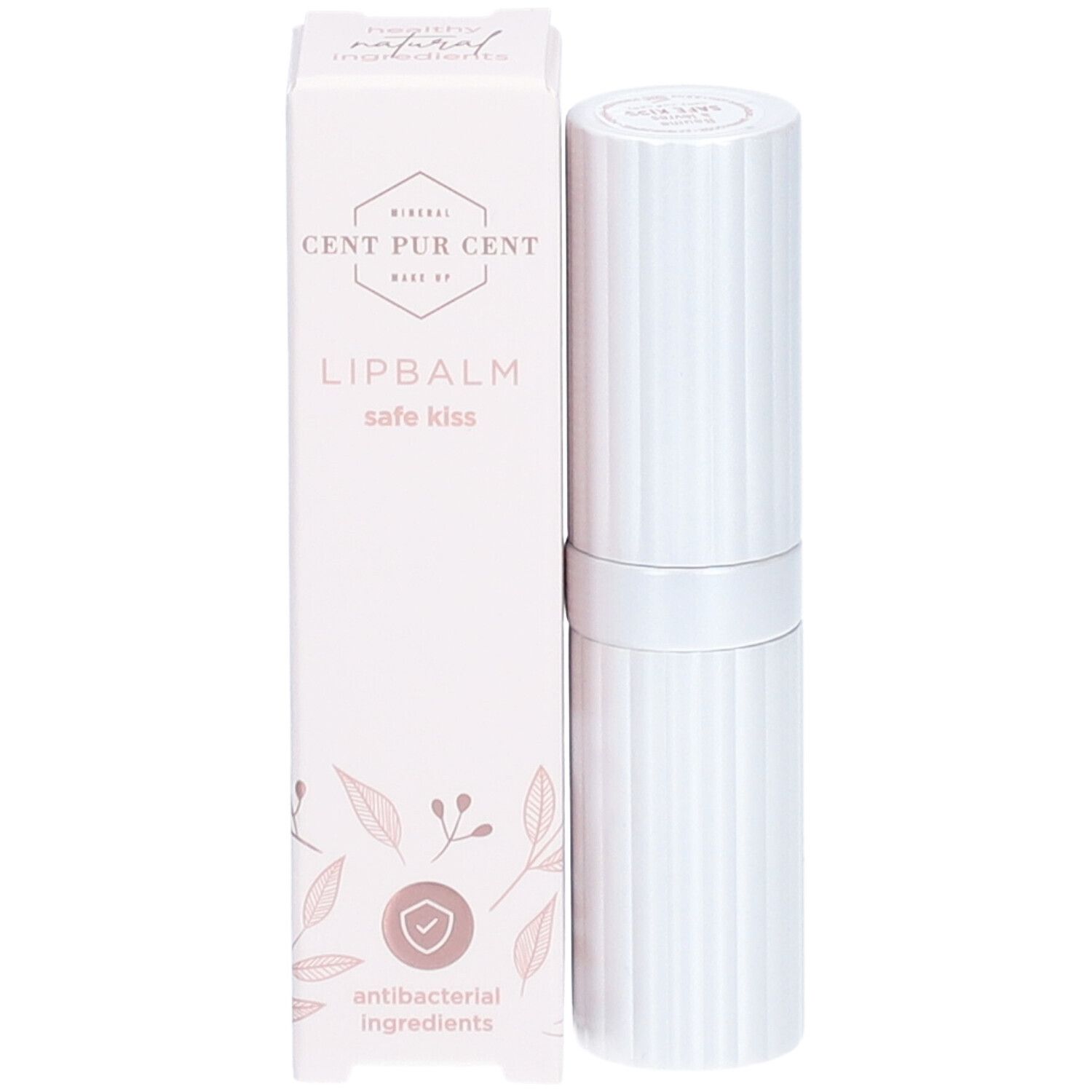 Baume à lèvres et emballage. Baume à lèvres blanc, emballage rose avec logo et texte: LIPBALM safe kiss. Ingrédients antibactériens.