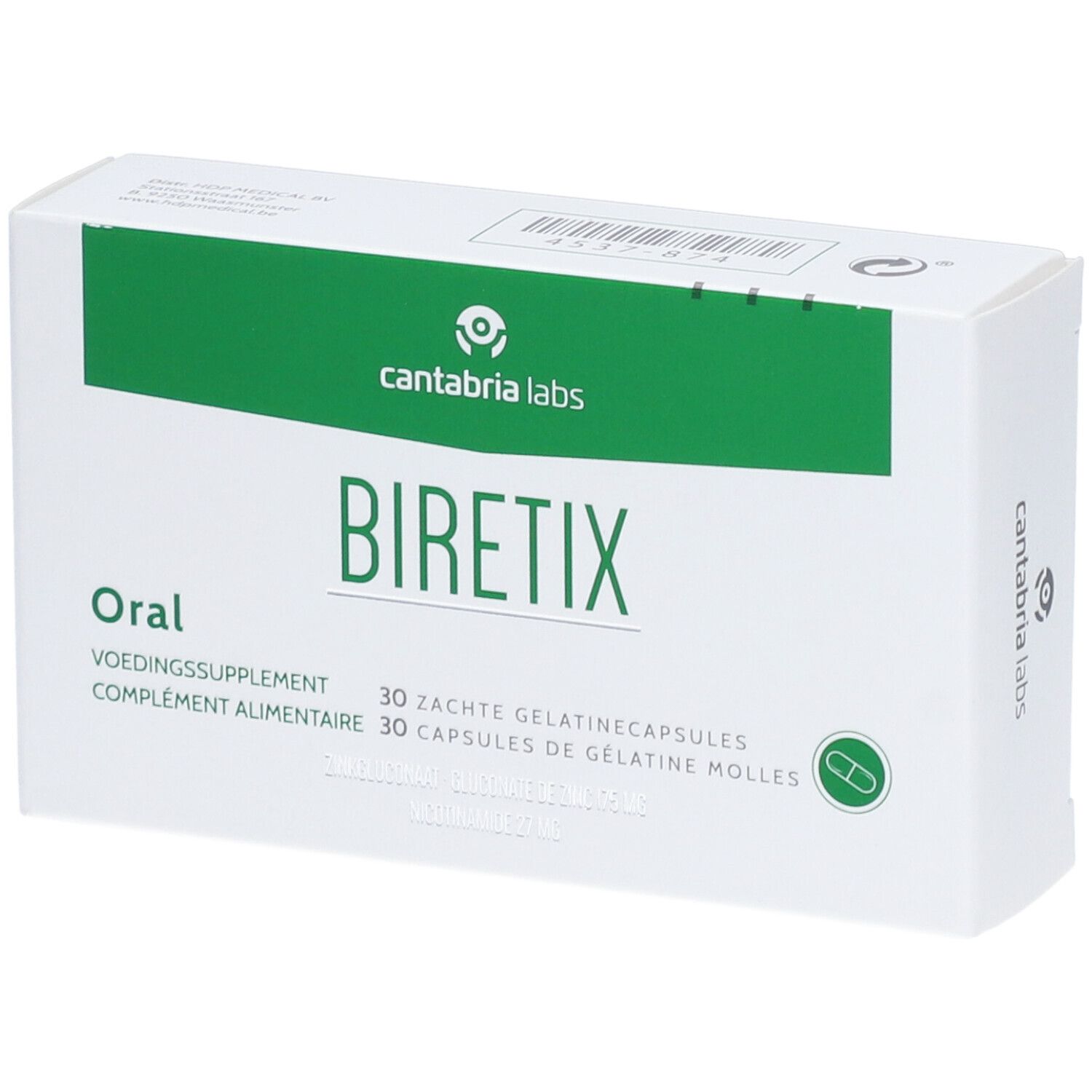 Witte doos met groene band. Opschrift Biretix Oral, 30 capsules. Merk: Cantabria Labs.