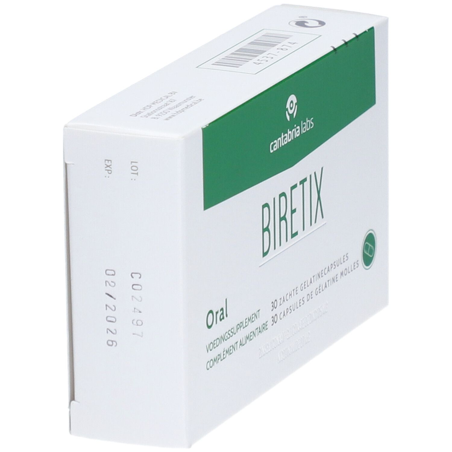 Witte doos met groene band. Opschrift Biretix Oral, 30 capsules. Merk: Cantabria Labs.