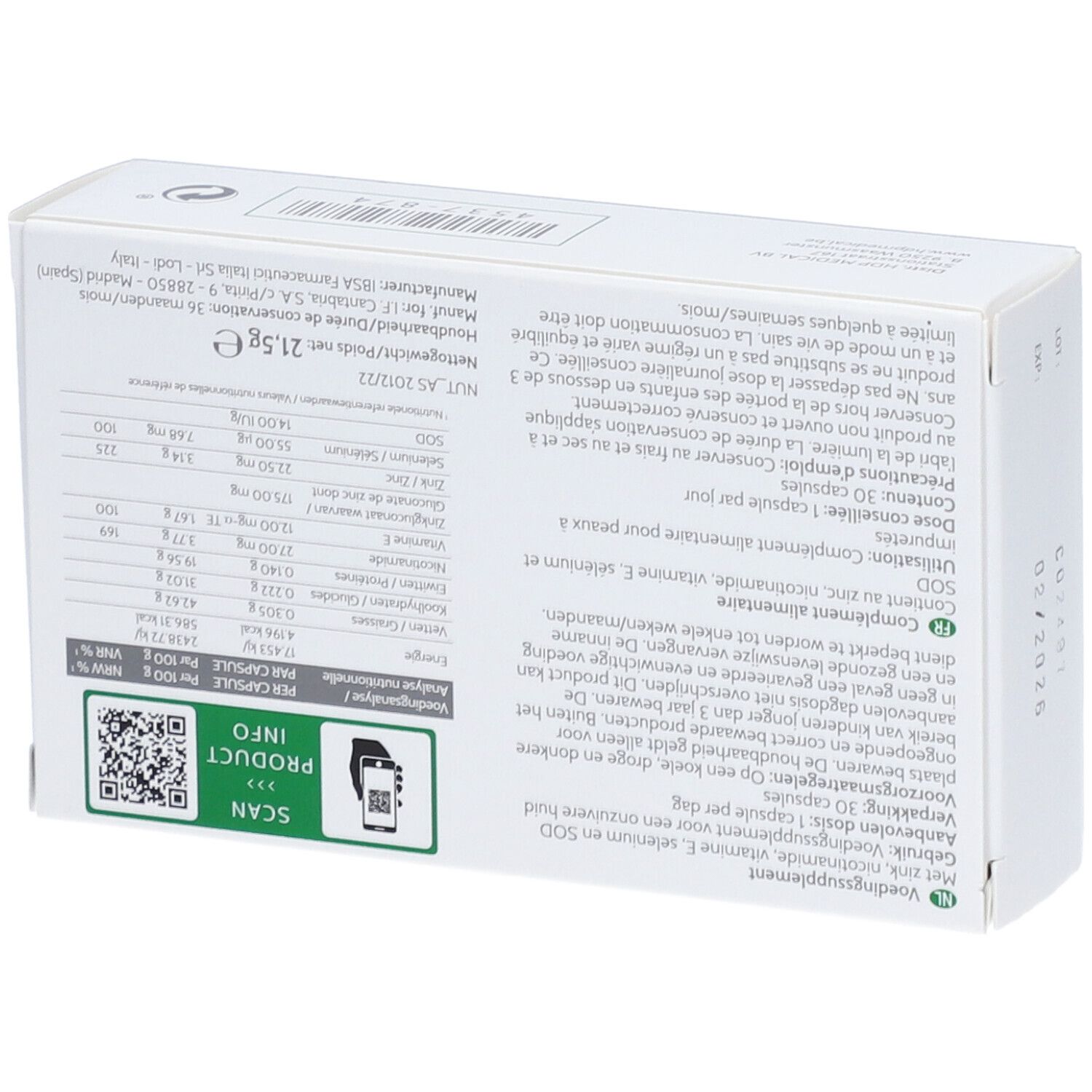 Witte doos met groene band. Opschrift Biretix Oral, 30 capsules. Merk: Cantabria Labs.