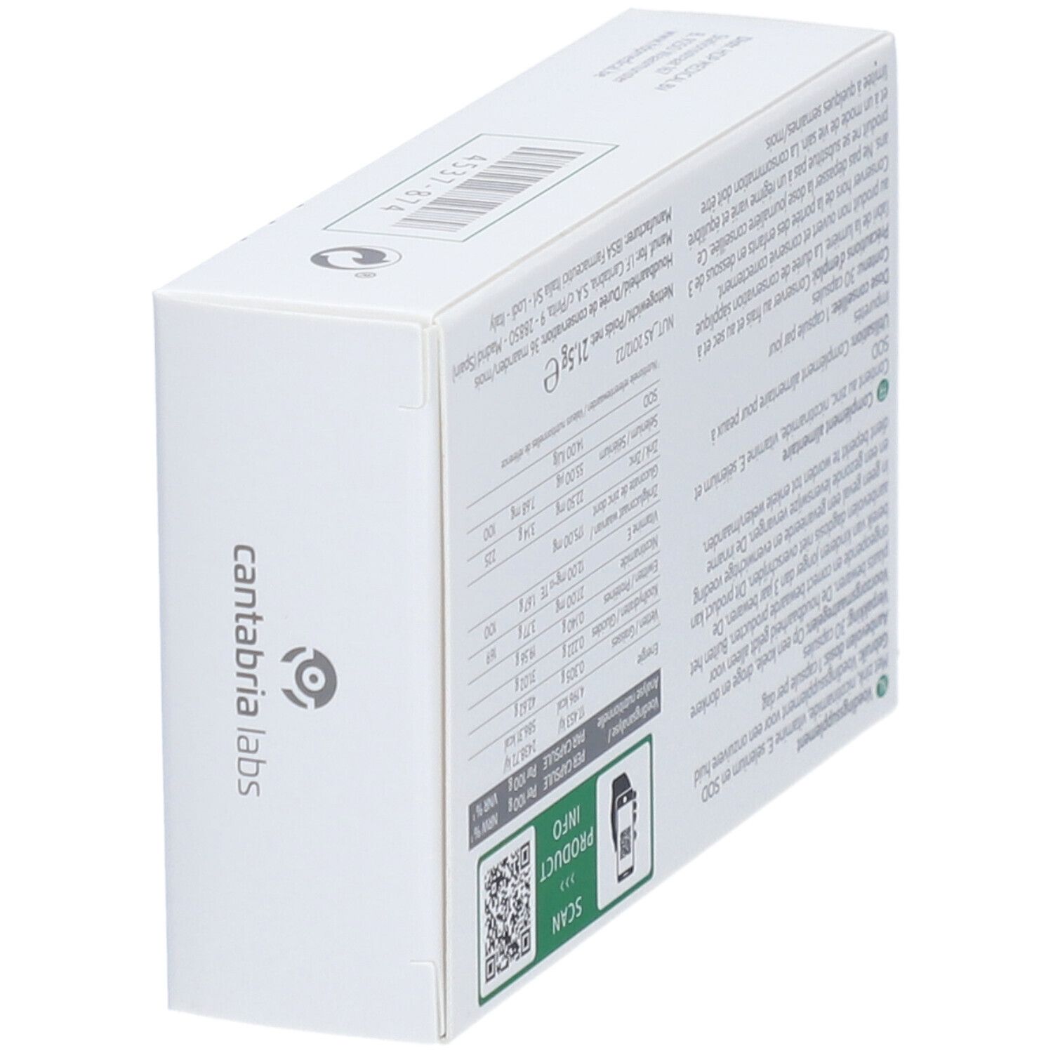 Witte doos met groene band. Opschrift Biretix Oral, 30 capsules. Merk: Cantabria Labs.