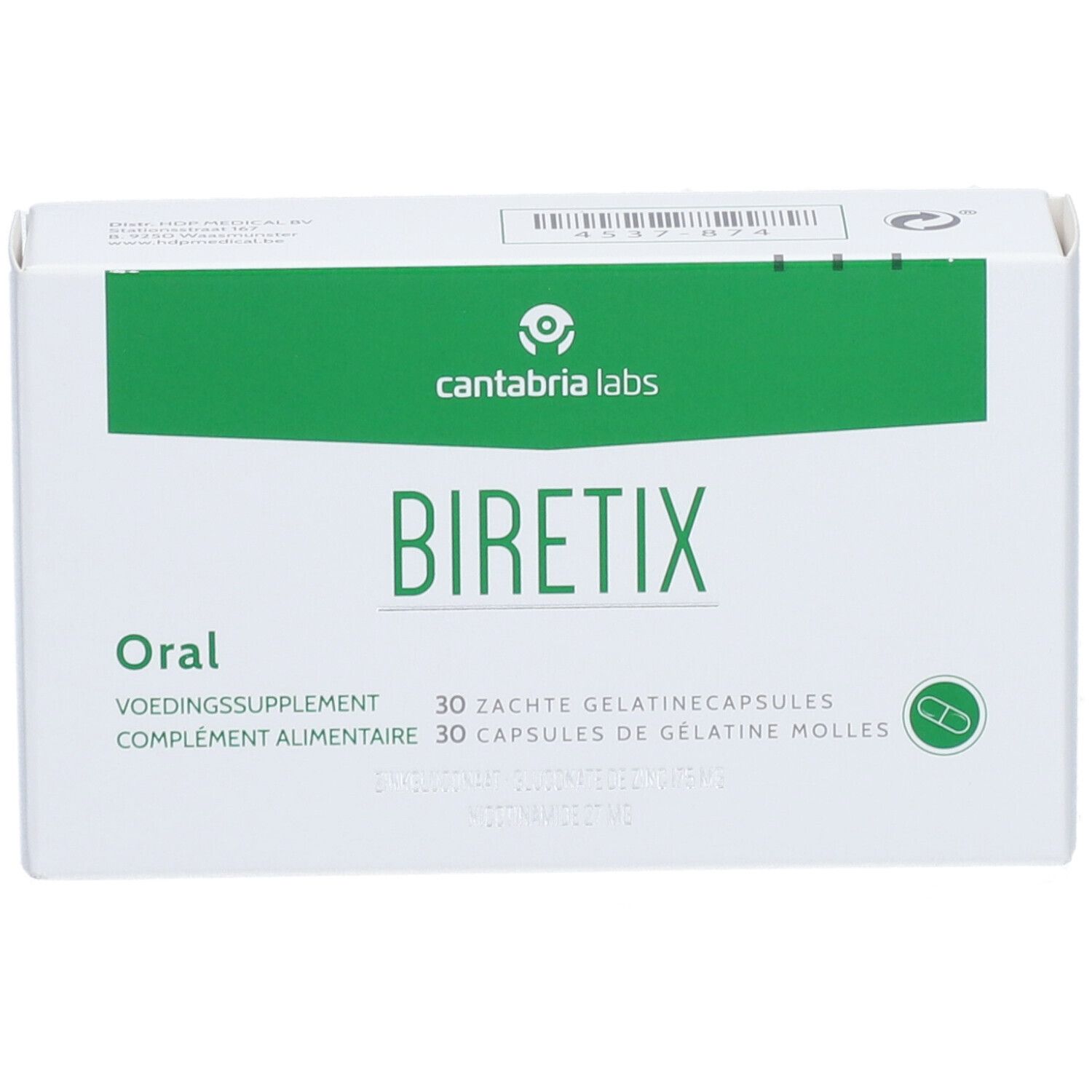 Witte doos met groene band. Opschrift Biretix Oral, 30 capsules. Merk: Cantabria Labs.