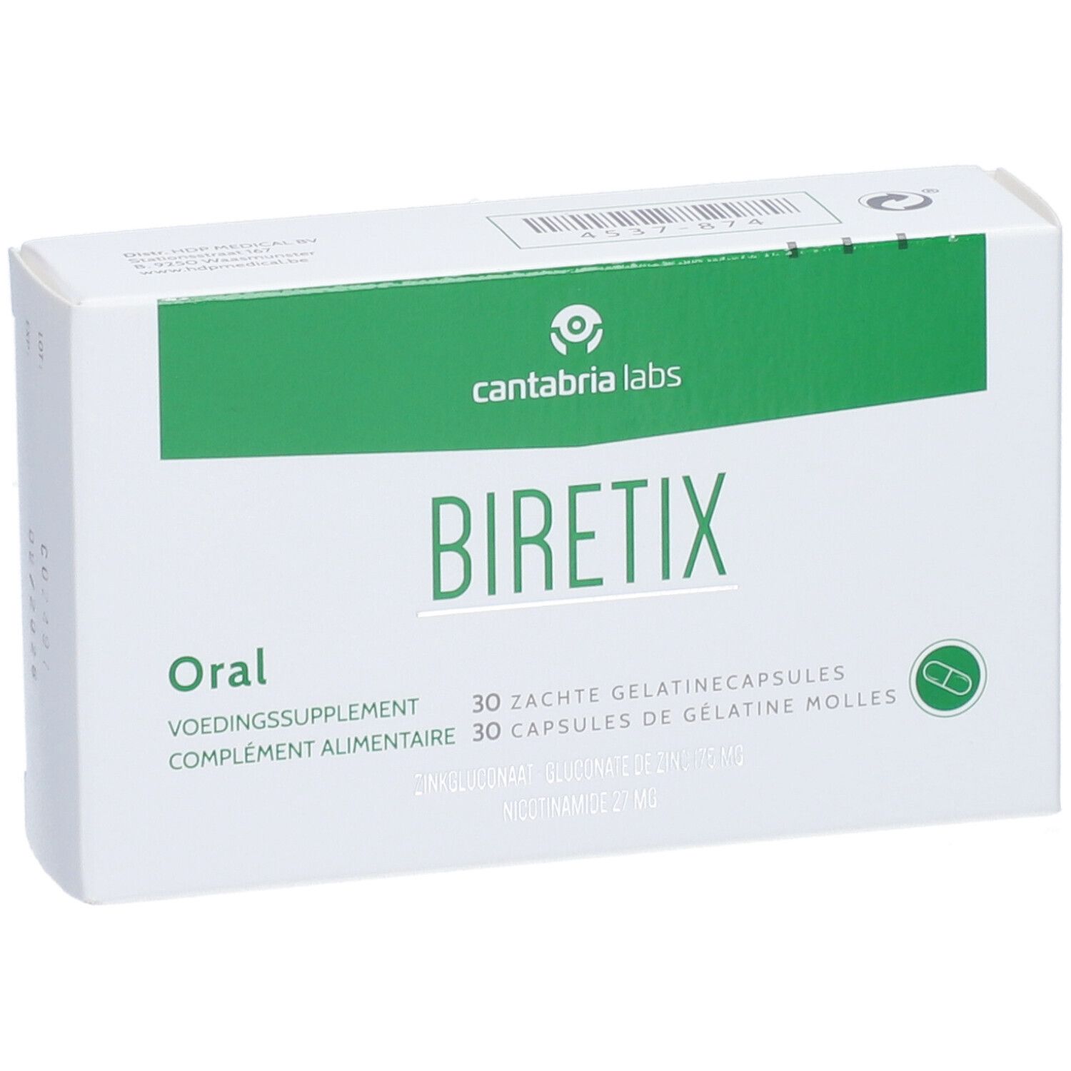 Witte doos met groene band. Opschrift Biretix Oral, 30 capsules. Merk: Cantabria Labs.